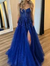 Ball Gown V-neck Tulle Backless Sparkly Prom Dresses With Appliques #UKM020125849