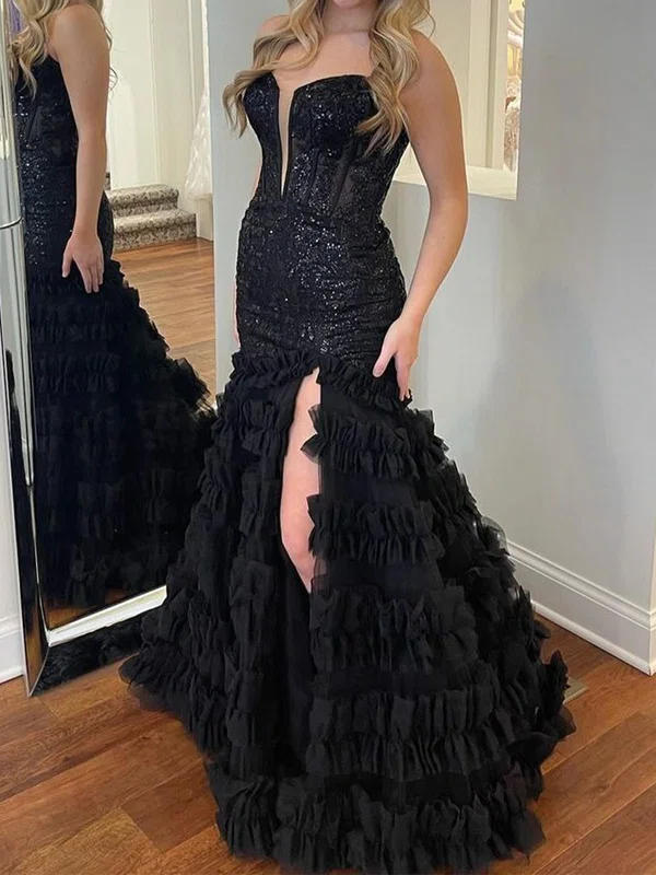 Mermaid V-neck Tulle Ruffle Tiered Prom Dresses With Appliques #UKM020125858