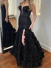 Mermaid V-neck Tulle Ruffle Tiered Prom Dresses With Appliques #UKM020125858