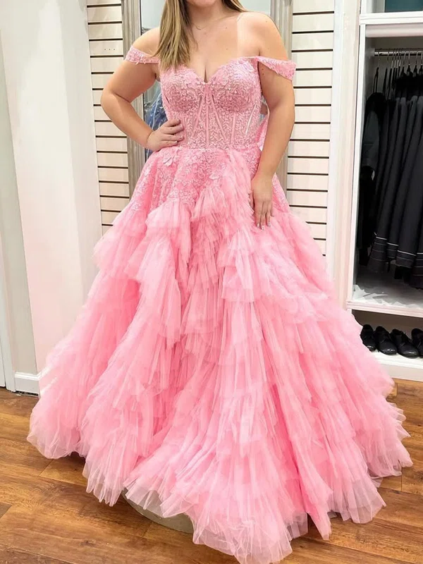 Ball Gown Off-the-shoulder Tulle Tiered Prom Dresses With Appliques #UKM020125859
