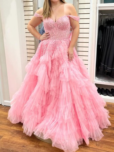 Ball Gown Off-the-shoulder Tulle Tiered Prom Dresses With Appliques #UKM020125859
