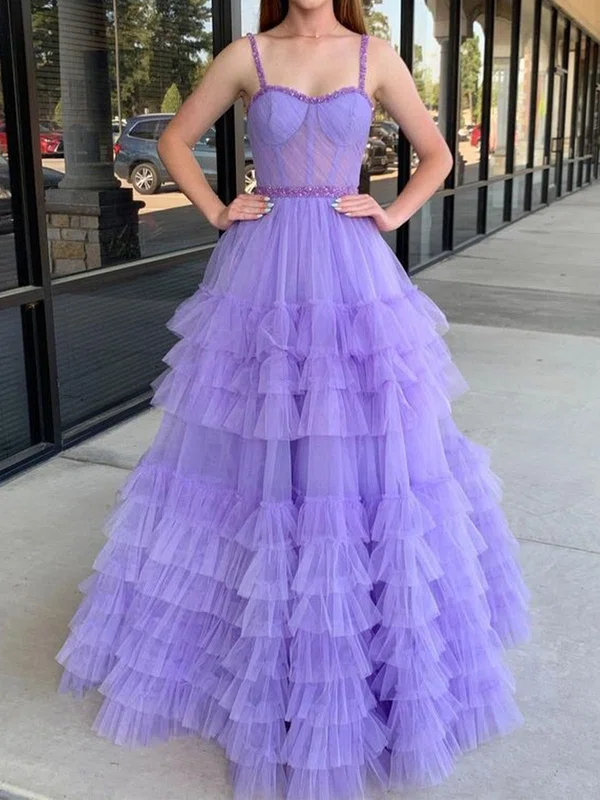 Ball Gown Sweetheart Tulle Ruffle Tiered Prom Dresses With Beading #UKM020125870