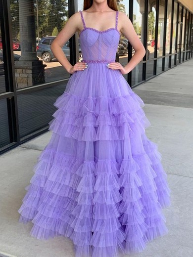 Ball Gown Sweetheart Tulle Ruffle Tiered Prom Dresses With Beading #UKM020125870