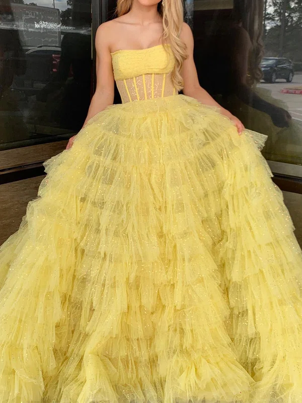 Ball Gown Strapless Tulle Ruffle Tiered Prom Dresses #UKM020125885