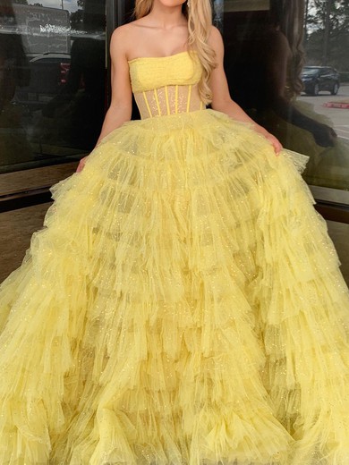 Ball Gown Strapless Tulle Ruffle Tiered Prom Dresses #UKM020125885