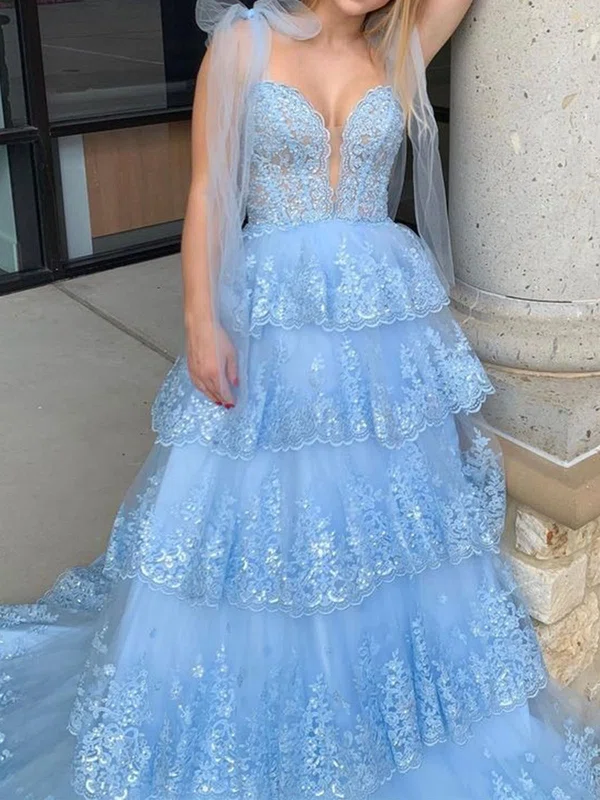 Ball Gown Sweetheart Tulle Tiered Prom Dresses With Appliques #UKM020125892