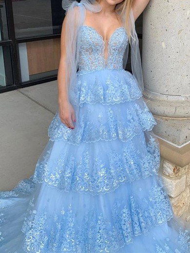 Ball Gown Sweetheart Tulle Tiered Prom Dresses With Appliques #UKM020125892
