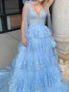 Ball Gown Sweetheart Tulle Tiered Prom Dresses With Appliques #UKM020125892