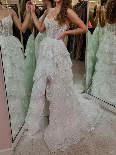 Ball Gown Scoop Neck Tulle Tiered Prom Dresses With Appliques #UKM020125893