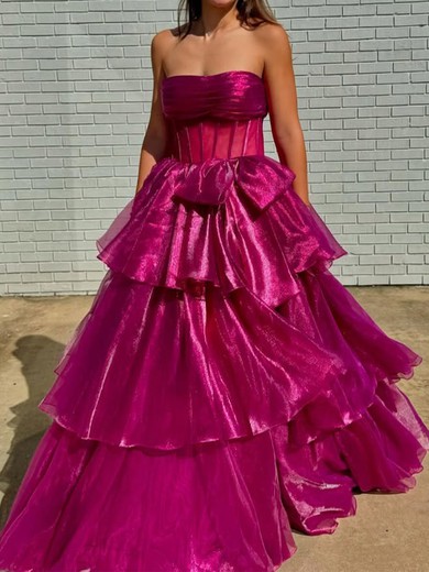 Ball Gown Strapless Tulle Tiered Prom Dresses With Bow #UKM020125894