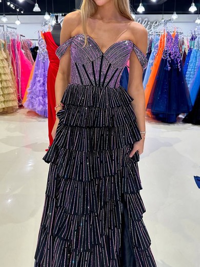 Ball Gown Off-the-shoulder Satin Tiered Prom Dresses With Beading #UKM020125918
