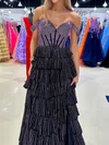 Ball Gown Off-the-shoulder Satin Tiered Prom Dresses With Beading #UKM020125918