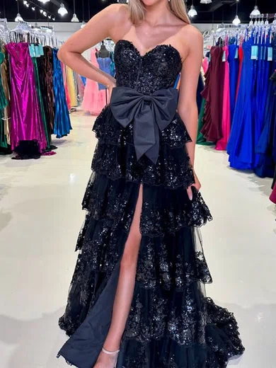 Ball Gown Strapless Tulle Tiered Prom Dresses With Appliques #UKM020125919