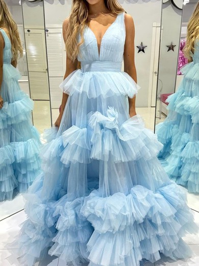 Ball Gown V-neck Tulle Ruffle Tiered Prom Dresses #UKM020125942