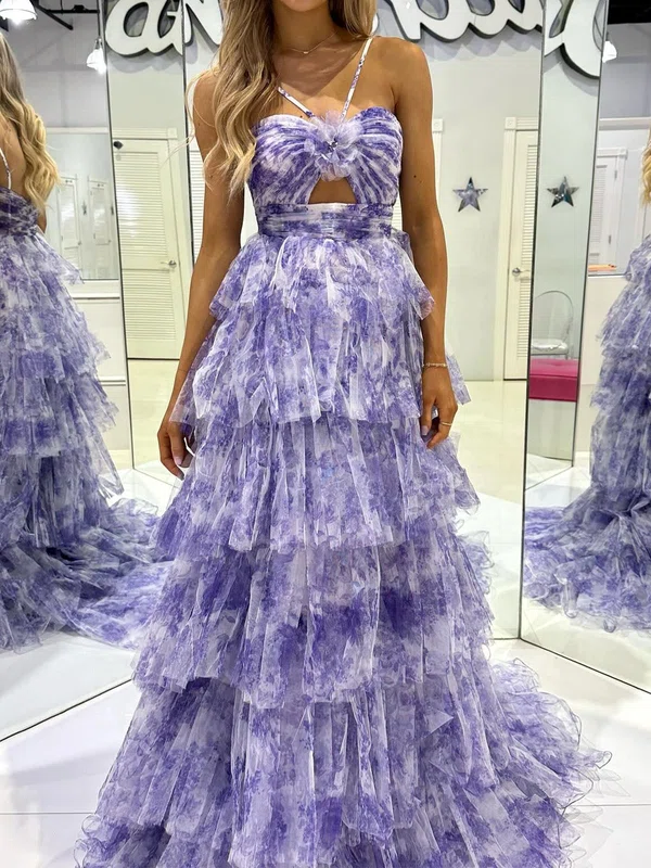 Ball Gown Halter Tulle Floral Ruffle Tiered Prom Dresses #UKM020125945