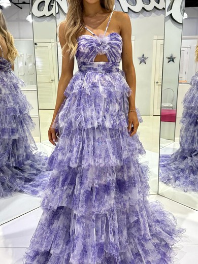Ball Gown Halter Tulle Floral Ruffle Tiered Prom Dresses #UKM020125945