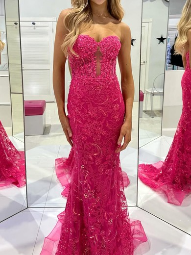 Mermaid Strapless Lace Tulle Prom Dresses With Appliques #UKM020125947