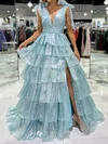 Glitter Ball Gown/Princess V-neck Tiered Split Prom Dresses #UKM020125949