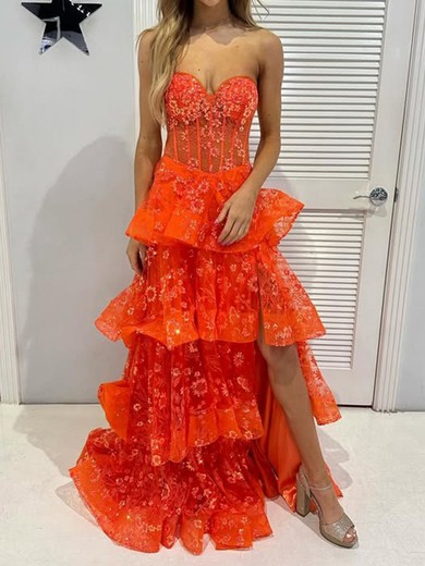 Ball Gown Strapless Lace Tiered Prom Dresses With Appliques #UKM020125950