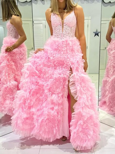 Ball Gown V-neck Tulle Ruffle Tiered Prom Dresses With Appliques #UKM020125953