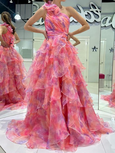 Ball Gown One Shoulder Tulle Floral Ruffle Tiered Prom Dresses #UKM020125954