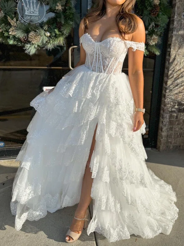 Ball Gown Off-the-shoulder Tulle Tiered Prom Dresses With Appliques #UKM020125958