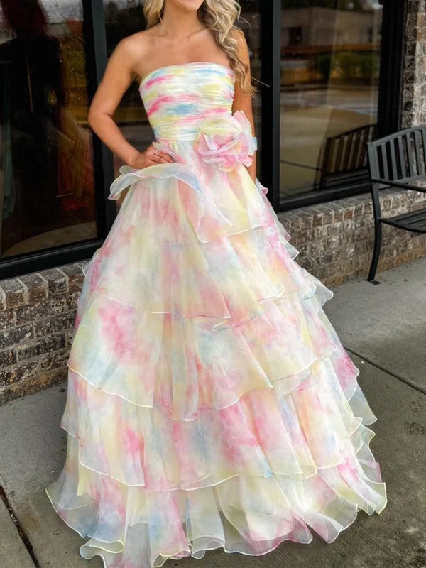 Ball Gown Strapless Tulle Ruffle Tiered Prom Dresses #UKM020125967