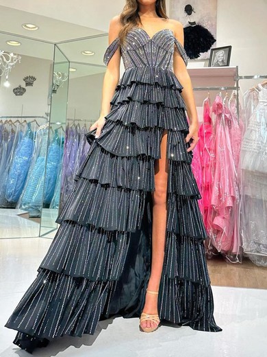 Ball Gown Off-the-shoulder Satin Tiered Prom Dresses With Beading #UKM020125969
