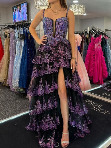 Ball Gown V-neck Tulle Tiered Prom Dresses With Appliques #UKM020125972