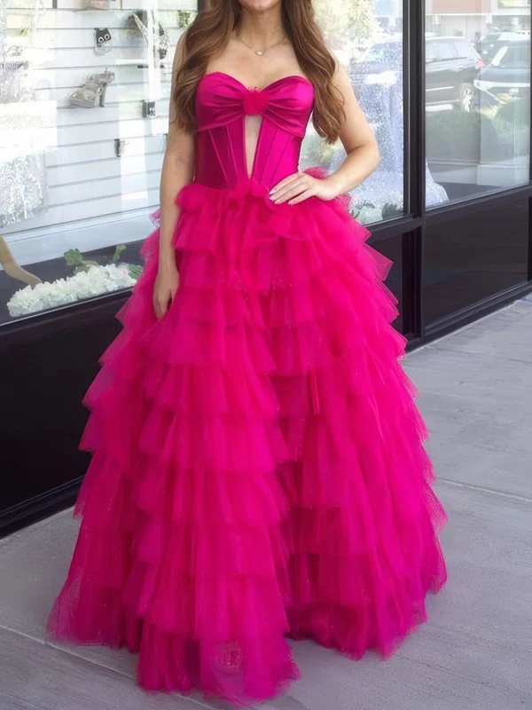 Ball Gown Strapless Tulle Ruffle Tiered Prom Dresses #UKM020125978