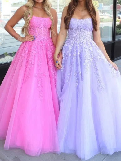 Ball Gown Strapless Tulle Prom Dresses With Appliques #UKM020125979