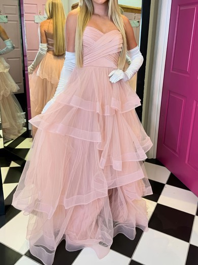 Ball Gown Strapless Tulle Ruffle Tiered Prom Dresses #UKM020125980
