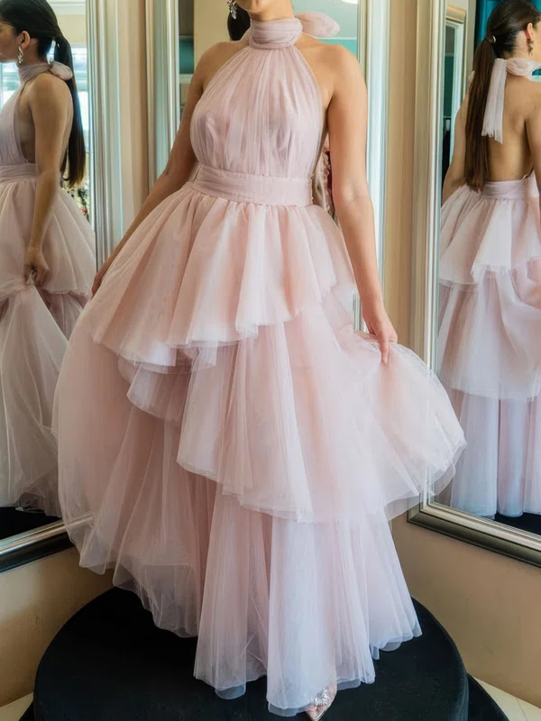 Ball Gown Halter Tulle Backless Tiered Prom Dresses #UKM020125991