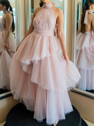 Ball Gown Halter Tulle Backless Tiered Prom Dresses #UKM020125991