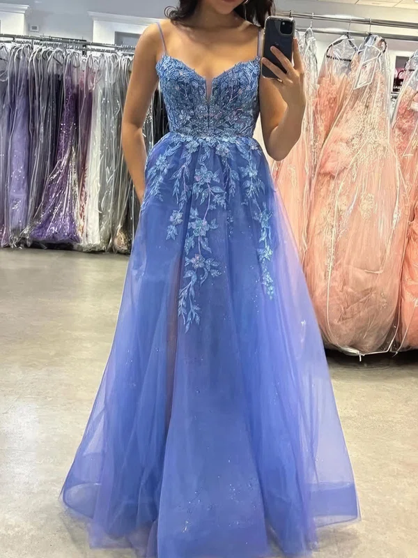 A-line V-neck Tulle Prom Dresses With Appliques #UKM020125998