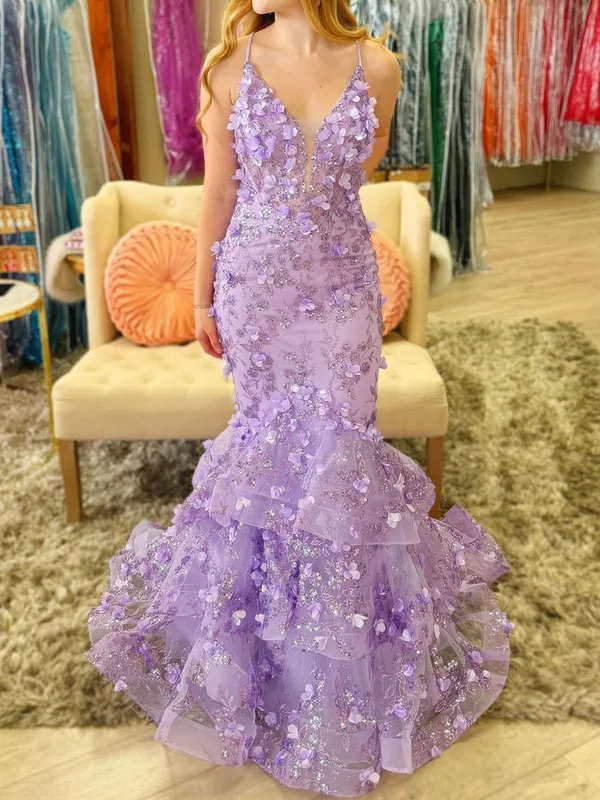 Mermaid V-neck Sequin Tiered Prom Dresses With 3D Floral #UKM020126005