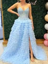 Ball Gown V-neck Tulle Ruffle Tiered Prom Dresses With Appliques #UKM020126007