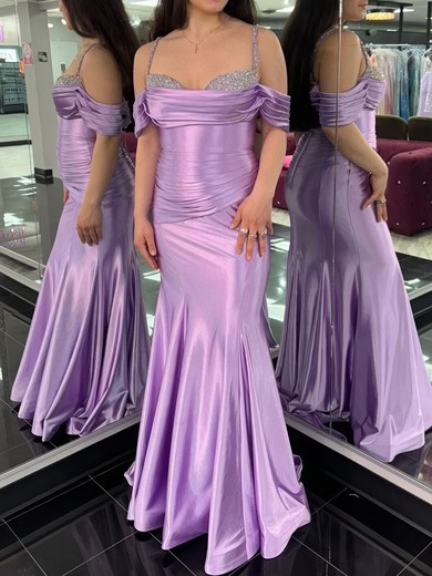 Mermaid Cowl Neck Ruched Satin Prom Dresses With Beading #UKM020126011