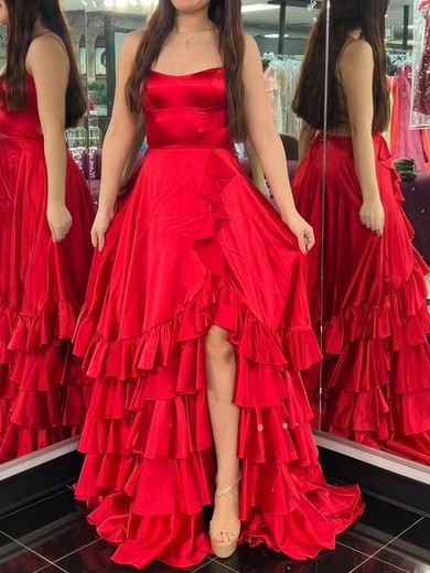 Red A-line Scoop Neck Satin Ruffle Tiered Prom Dresses #UKM020126016