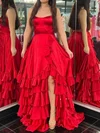 Red A-line Scoop Neck Satin Ruffle Tiered Prom Dresses #UKM020126016