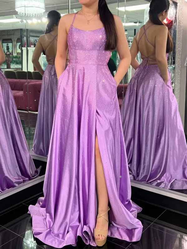 A-line Scoop Neck Satin Beaded Prom Dresses #UKM020126022