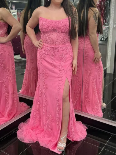 Sheath/Column Strapless Tulle Corset Prom Dresses With Appliques #UKM020126023