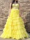 Ball Gown Strapless Tulle Ruffle Tiered Prom Dresses With Appliques #UKM020126026
