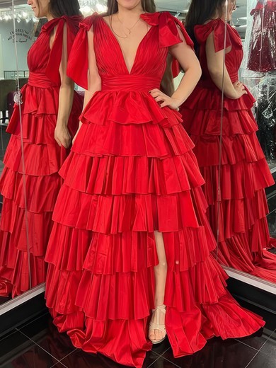 Red Ball Gown V-neck Taffeta Ruffle Tiered Prom Dresses #UKM020126029