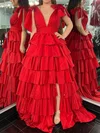 Red Ball Gown V-neck Taffeta Ruffle Tiered Prom Dresses #UKM020126029