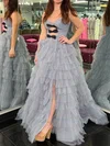 Ball Gown Strapless Tulle Ruffle Tiered Prom Dresses With Bow #UKM020126031