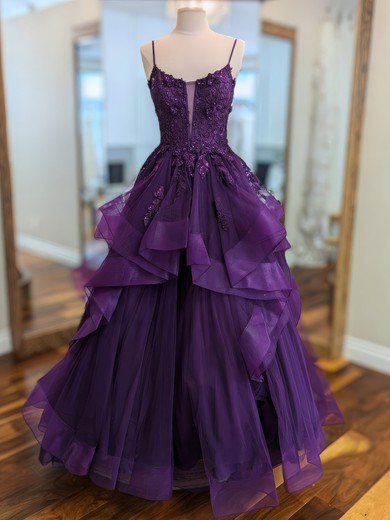 Ball Gown Scoop Neck Tulle Prom Dresses With Appliques #UKM020126035