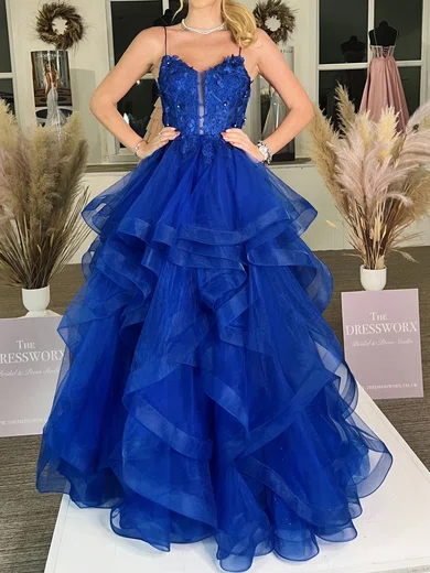 Princess V-neck Tulle Ruffle Prom Dresses With Appliques #UKM020126039