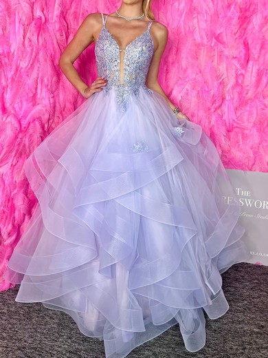 Ball Gown V-neck Tulle Ruffle Tiered Prom Dresses With Appliques #UKM020126040