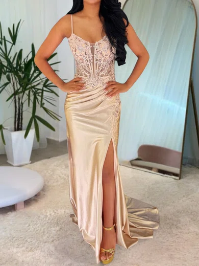 Sheath/Column Scoop Neck Satin Corset Prom Dresses With Appliques #UKM020126041